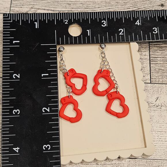 Red Heart Handcuff Dangle Earrings Polymer Clay Handmade Bold - Picture 2 of 4